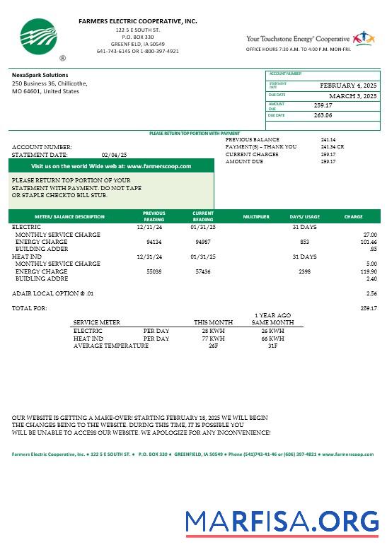 Blank USA Ohio Farmers Electric Cooperative business utility bill template in Word and PDF formats, version 2